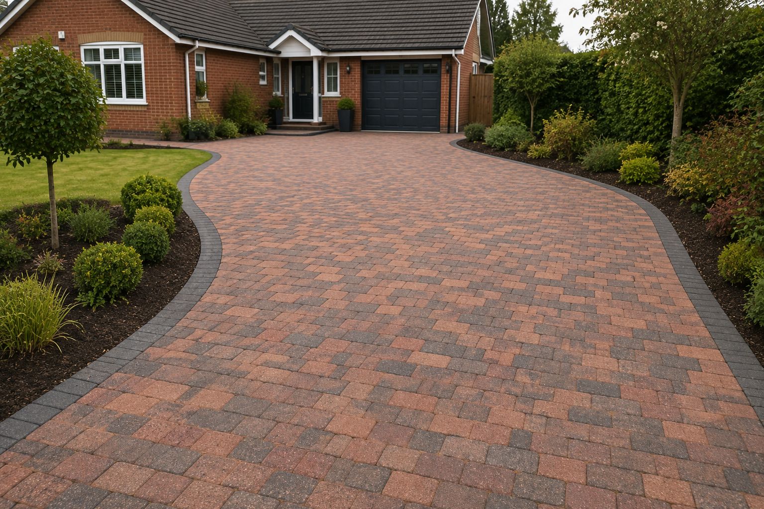 Autumn-blend driveway to a red-brick bungalow