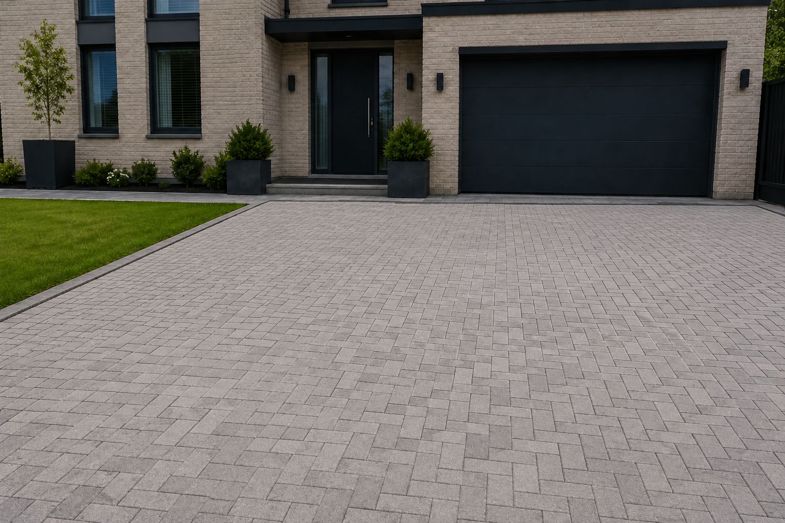 Grey Herringbone Block-Paved Driveway