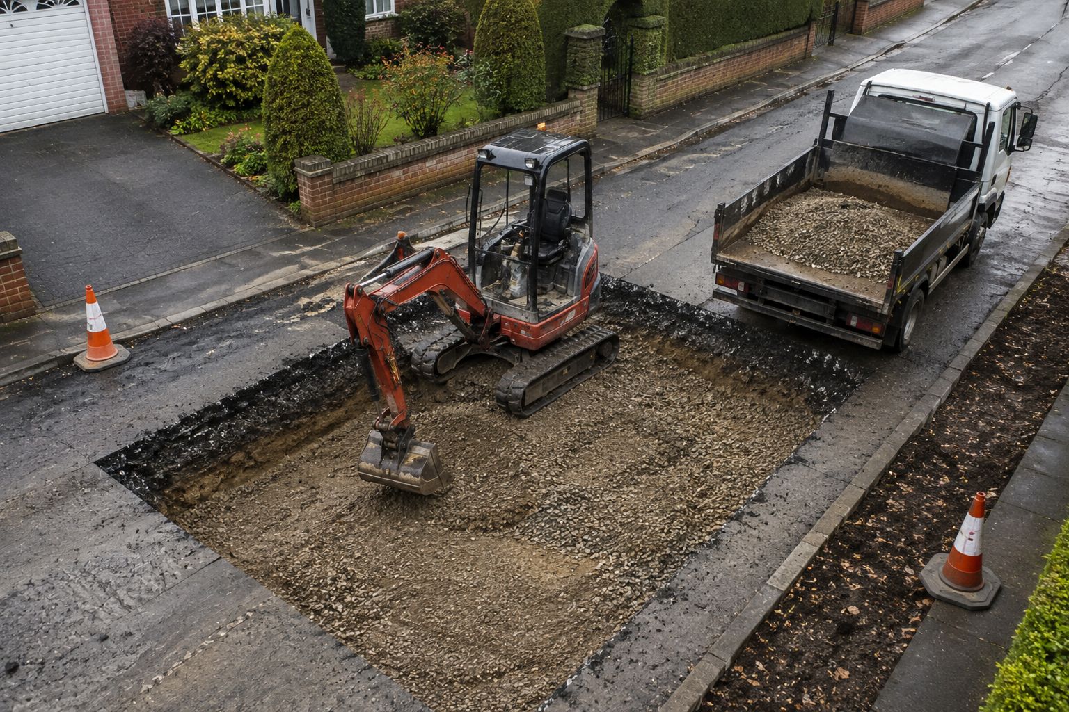 Red mini excavator repairing failed UK road