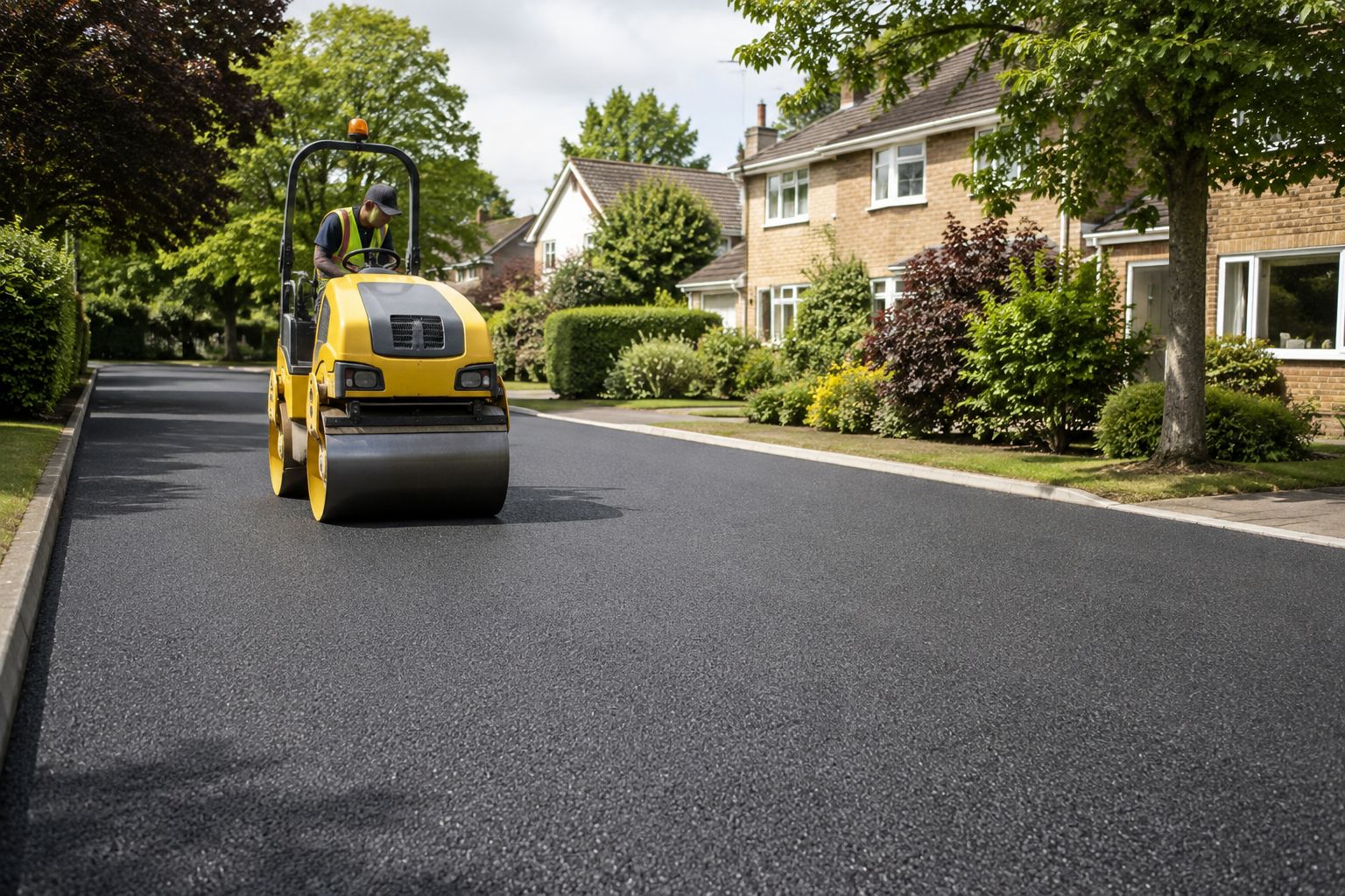 Yellow roller on fresh tarmac